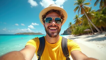 Man wears yellow shirt and straw hat on beach, smiling while taking selfie with camera. Beautiful beach scenery with clear blue sky, palm trees and ocean in background.