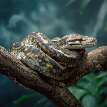 A large python coiled on a tree branch in a stock photo.