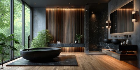 Luxurious dark bathroom with freestanding tub, marble accents, wooden wall paneling, large window showcasing lush greenery, and sleek modern fixtures