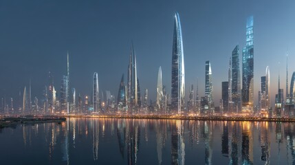 Future Cityscape Reflecting on Water at Dusk. Use Urban planning, development ideas