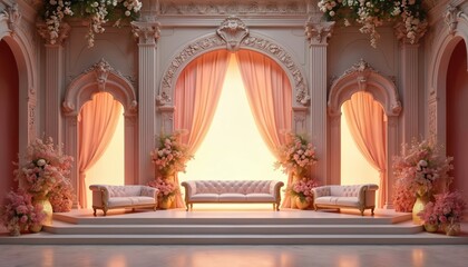 Elegant wedding stage features ornate arches, plush couches, abundant floral arrangements. Pink, white flowers with gold accents adorn scene, creating luxurious, romantic atmosphere for ceremonies