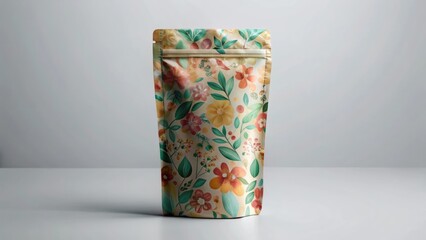 stand-up pouch mockup with matte finish on plain background.