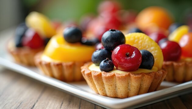 Plate with mini pastries, filled with vibrant berry mix, blueberries, blackberries, raspberries. Wooden table, blurred background, kitchen or dining area.