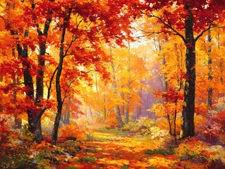 Obraz premium Autumnal forest path bathed in warm light (1)