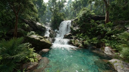 Lush waterfall cascading into a tranquil pool in a dense tropical forest