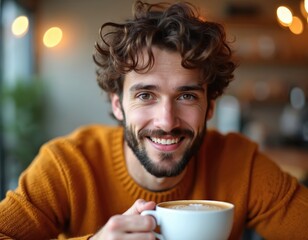 Man in coffee shop with yellow sweater, warm smile, holding white coffee cup with frothy top. Cozy atmosphere with window in background, plant adding greenery to scene.