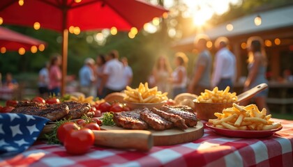 Memorial Day barbecue with friends, family. Grilled meat, french fries, fresh tomatoes, picnic table. Celebration outdoor in summer. Community gathering, patriotic holiday event. American flag in