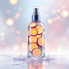 Aromatic spray with fresh citrus fruits on illuminated party background