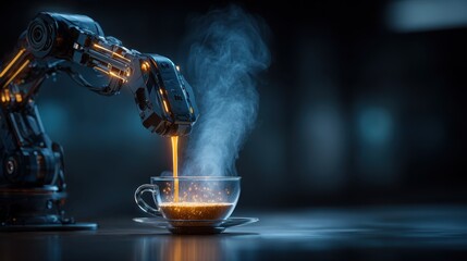 A robot pouring coffee into a cup. The coffee is steaming and the cup is on a table