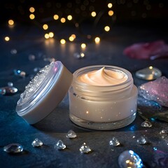 Premium facial cream packaging with golden glitters on aquatic background