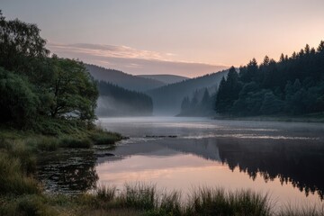 Misty Sunrise Over a Calm Lake