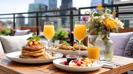Brunch spread featuring fluffy pancakes topped with caramelized fruit, fresh juice, and florals on a sunny terrace