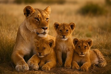 Obraz premium A heartwarming scene of a lioness and her three adorable cubs resting peacefully in the golden light of the african savanna, showcasing the beauty and tenderness of wildlife family life