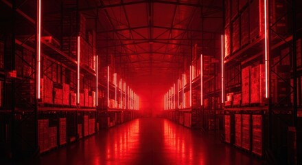 Futuristic Red Neon Lit Library Corridor with Symmetrical Shelves and Glowing Reflections.