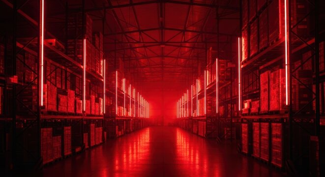 Futuristic Red Neon Lit Library Corridor with Symmetrical Shelves and Glowing Reflections.