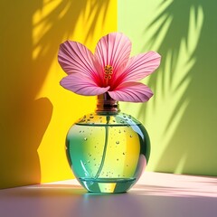 3D perfume mockup with illuminated abstract petals