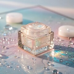 Facial toner mockup with golden glitters and lotus flowers in water