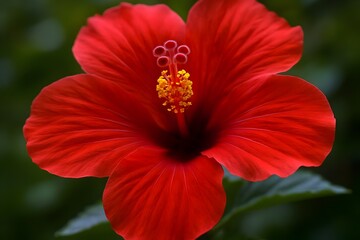 A vibrant red hibiscus flower in full bloom, showcasing its intricate details and tropical beauty, with delicate petals and a bright stamen, a symbol of passion and exotic allure