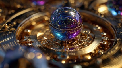 Futuristic golden machine with glowing sphere
