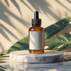 Minimalist Skincare Bottle Mockup with Tropical Leaves