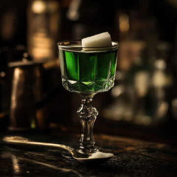 Dark and mysterious absinthe cocktail in a vintage goblet, slow-dripping sugar cube over a slotted spoon, deep green hues, placed on a moody, antique-inspired bar, high-quality stock image with 