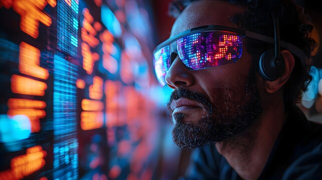 A hacker analyzes financial data using augmented reality technology  long title A hacker wearing advanced glasses examines a holographic financial