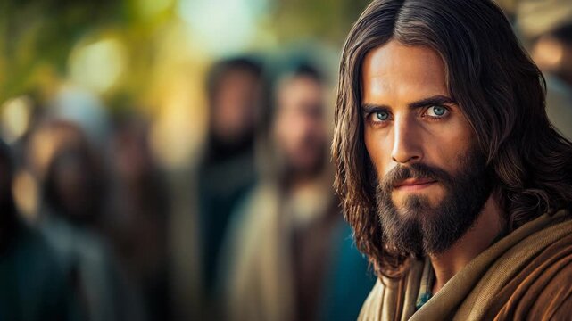 Jesus Christ at ancient Israel street with people as blur background 