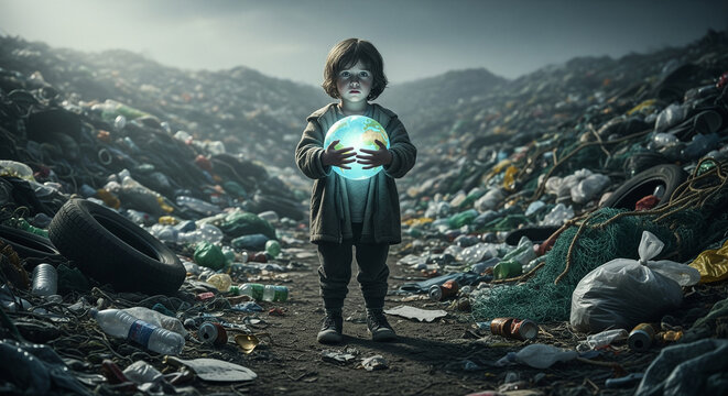 Child holding glowing earth globe in a polluted environment, environmental concept - Powered by Adobe