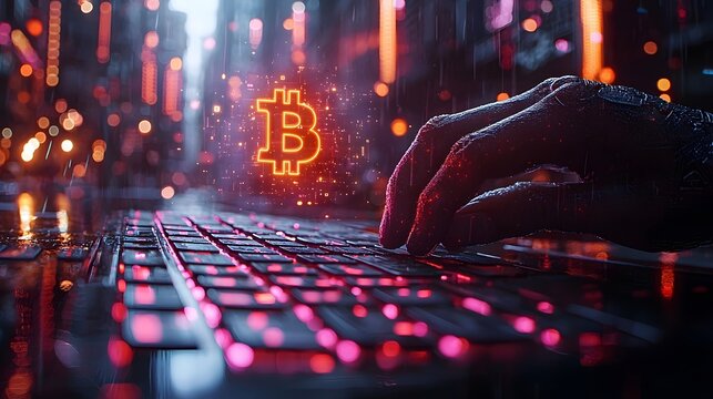 Hacker typing on a holographic keyboard with a Bitcoin symbol hovering overhead