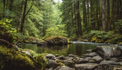 Obraz premium Serene forest pool, moss-covered rocks, calm water reflecting lush greenery, sunlight filtering through dense canopy