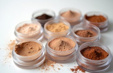 Obraz na płótnie Canvas Assortment of loose powder makeup in clear jars. Foundation, concealer, face powder samples displayed in various nude, tan, brown shades. Beauty, fashion concept emphasizes cosmetic products for skin