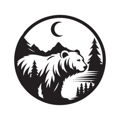 Fototapeta premium Black bear in circular forest landscape with crescent moon