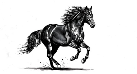 Dynamic Galloping Horse Illustration. Powerful Black and White Equestrian Sketch of a Running Steed with Flowing Mane and Tail, Symbolizing Freedom...