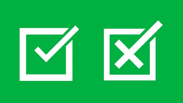 A clean animation motion graphic showing a white checkmark and a cross icon inside square boxes on a solid green background