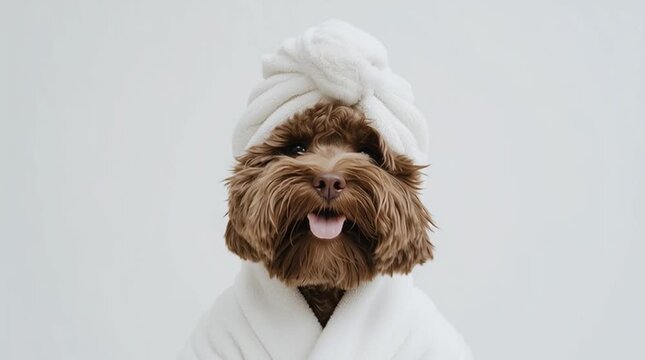 A cute brown dog in a white bathrobe and a towel on its head on a white background. Spa, pet care, and grooming concept, teddy dog