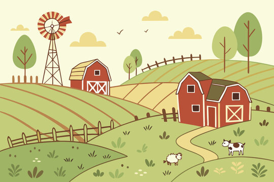 Charming countryside farm scene showcasing rural life with rolling hills, barns, windmill, and animals, perfect for illustrating wholesome living and agriculture - Powered by Adobe
