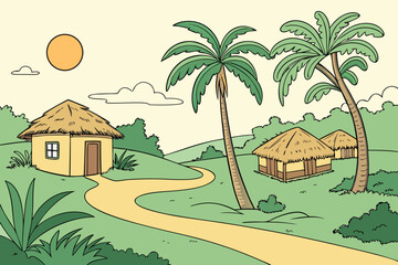 Obraz premium Tropical paradise landscape with palm trees and quaint thatched-roof huts, a serene escape to a faraway land, inviting relaxation and island vibes