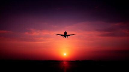 Obraz premium A stunning airplane silhouetted against a colorful sunset. The sky glows with warm hues of orange and purple. Perfect for travel themed projects. Enjoy the beauty of flight. AI