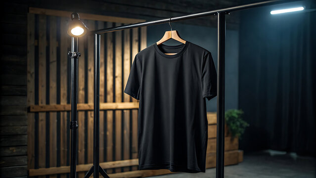 Sleek black t-shirt displayed on a modern rack with dramatic lighting