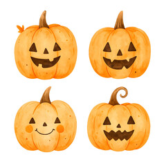Set of 4 Cute Halloween Pumpkins Watercolor Clipart