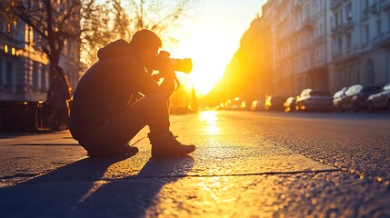 Street photographer capturing golden light in alley image