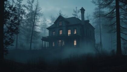 Eerie Abandoned Mansion In Dark Forest With Chilling Fog - Spooky Rendering Of A Haunted, Vintage Estate At Night.