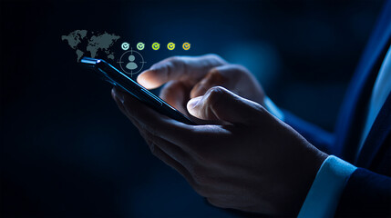 Web background technology digital future. Human hand touch on smartphone screen. Digital interface and connectivity concept