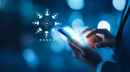 Digital future technology web background. Human hand touch on smartphone screen. Innovation and online connectivity concept