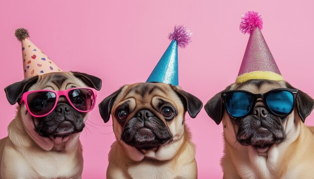 Hilarious Pug Dogs In Various Scenarios: Pug'S Birthday, Pug-Prince, Pug-Hipster, And Dreaming Pug. Perfect For A Humorous Greeting Card.
