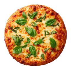 A round pizza topped with melted cheese and fresh basil (1)