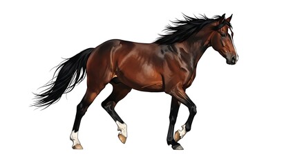 Obraz premium Graceful Bay Horse Trotting with Flowing Mane and Tail, Isolated on White Background for Dynamic Equestrian Design and Animal Imagery