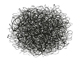 Dense, dark, circular cluster of tangled, thread-like elements with scattered specks of color