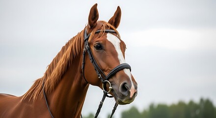 Obraz premium Close-up Portrait of a Beautiful Bay Horse with White Blaze and Bridle, Looking Serene Against a Soft, Blurred Sky