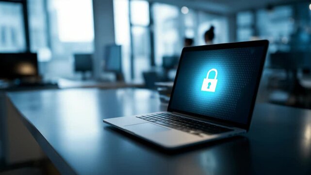 laptop screen showing lock symbol at modern office room 